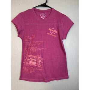 Hard Rock Cafe Copenhagen Womens Top Pink Large‎ Front and Back Graphic Babydoll